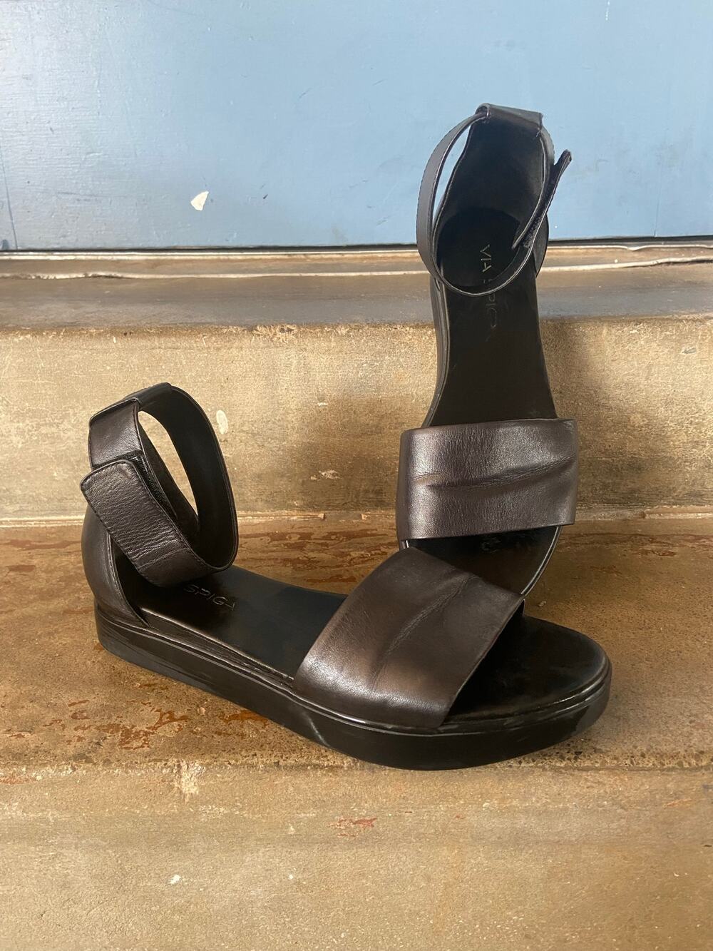 Via Spiga all black leather low platform sandals with ankle strap
